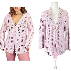 Tommy Hilfiger 2000s Womens S P Cable Hand‎ Knit Crocheted Pink Feminine Coastal